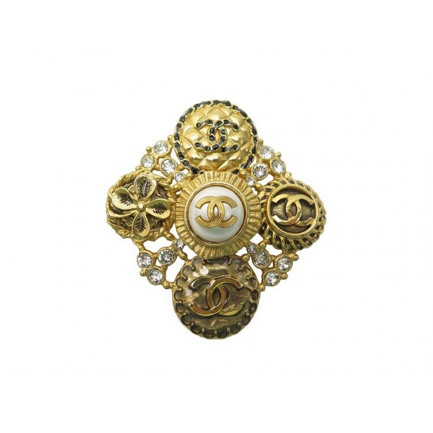 NEUF BROCHE CHANEL LOGO CC AB3456 2020 STRASS PERLES METAL DORE NEW BROOCH 850€