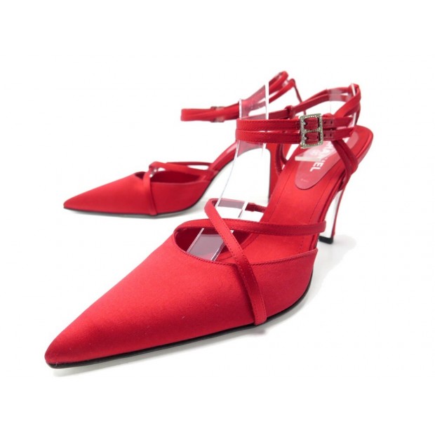 NEUF CHAUSSURES CHANEL 38.5 ESCARPINS A BRIDES EN SATIN ROUGE RED SHOES 825€