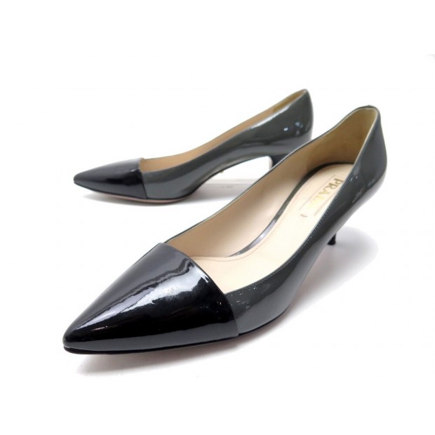 CHAUSSURES PRADA ESCARPINS 37.5 38.5 CUIR VERNIS BICOLORE GRIS & NOIR SHOES 890€