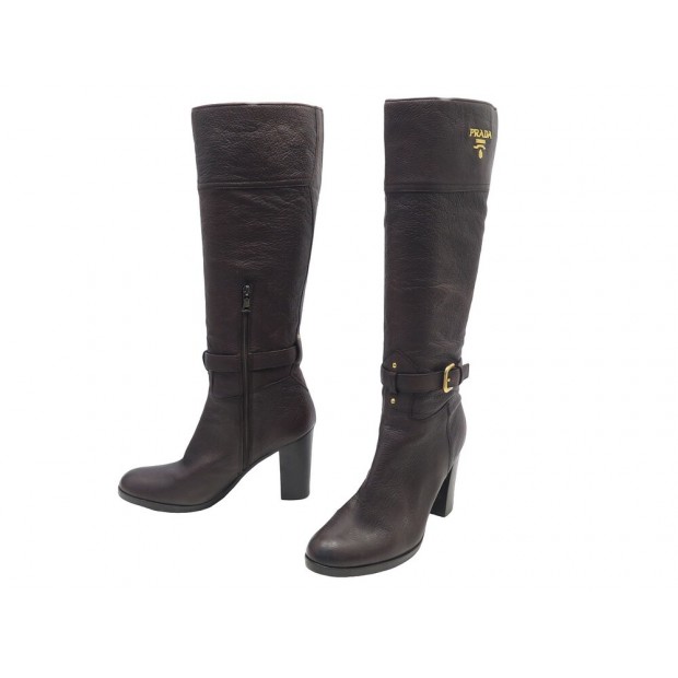 CHAUSSURES PRADA BOTTES A TALONS 39 EN CUIR MARRON AVEC LIEN BOUCLE BOOTS 1690€