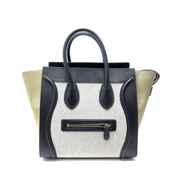 SAC A MAIN CELINE LUGGAGE MINI CUIR & DAIM TRICOLORE VERT BEIGE NOIR BAG 2400€