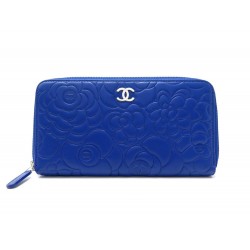 NEUF PORTEFEUILLE CHANEL CAMELIA L-GUSSET BLEU PORTE MONNAIE CUIR WALLET 1030€