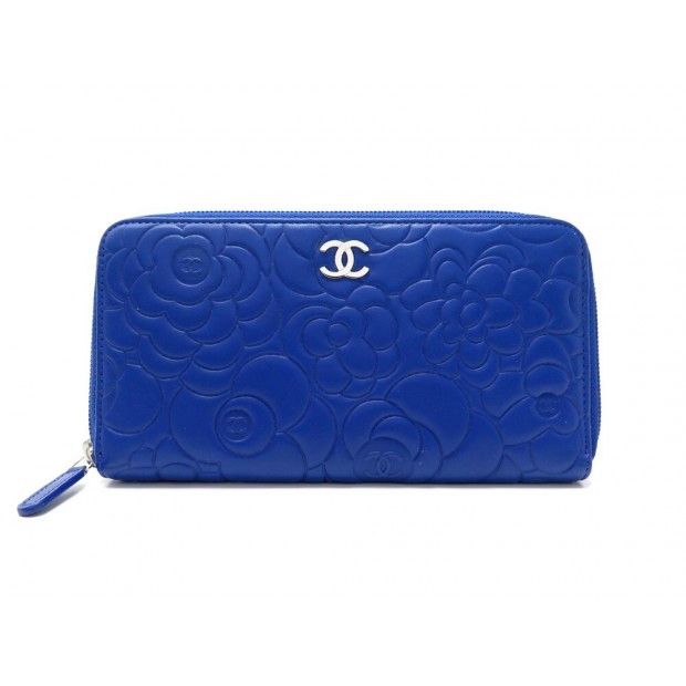 NEUF PORTEFEUILLE CHANEL CAMELIA L-GUSSET BLEU PORTE MONNAIE CUIR WALLET 1030€