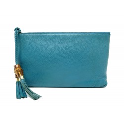 SAC A MAIN GUCCI POCHETTE POMPOM BAMBOU 449652 TROUSSE CUIR TURQUOISE POUCH 730€