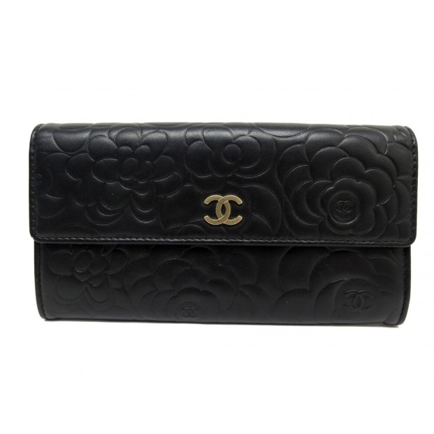 NEUF PORTEFEUILLE CHANEL CAMELIA LONG CUIR NOIR PORTE MONNAIE CART WALLET 1030€