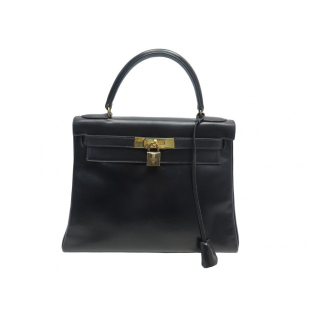 VINTAGE SAC A MAIN HERMES KELLY 28 RETOURNE CUIR BOX NOIR 1970 LEATHER HAND BAG