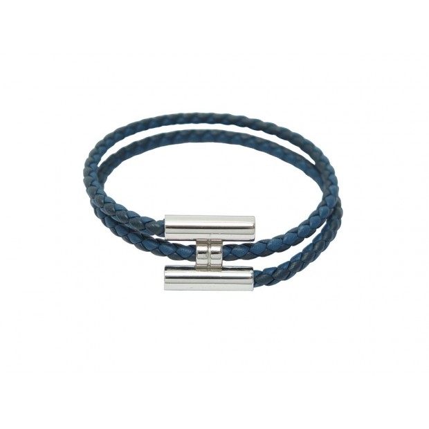 BRACELET HERMES TOURNIS DOUBLE TOUR T 18 EN CUIR TRESSE BLEU MARINE BANGLE 395€