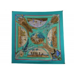 FOULARD HERMES CHASSES EXOTIQUES EN SOIE TURQUOISE CARRE 90 CM SILK SCARF 460€