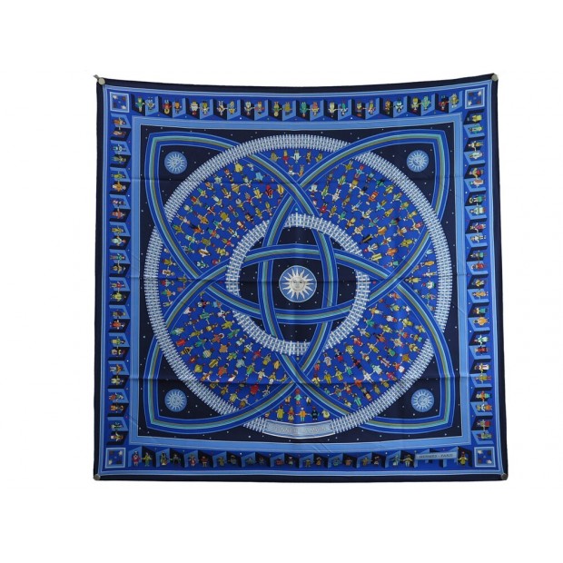 FOULARD HERMES DONNER LA MAIN PETROSSIAN CARRE 90 EN SOIE BLEU SILK SCARF 495€