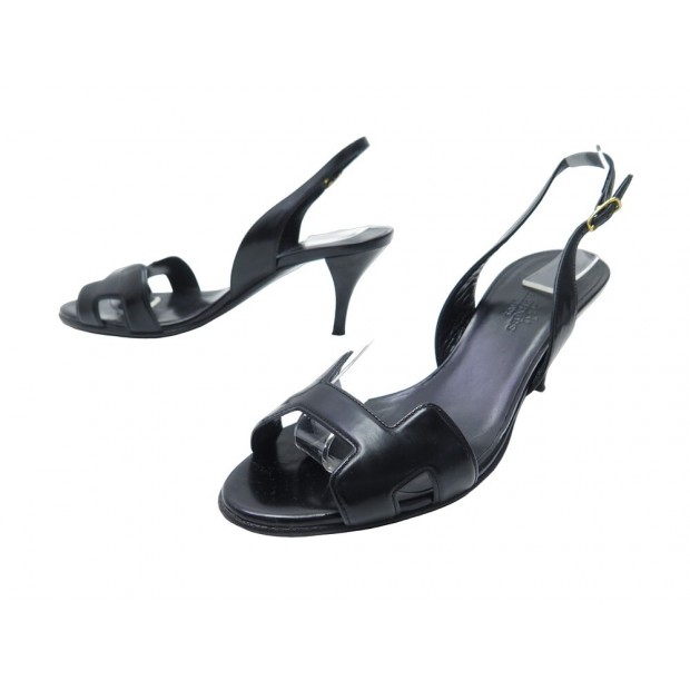 CHAUSSURES HERMES SANDALES A TALONS NIGHT 38 CUIR NOIR + BOITE BLACK SHOES 675€