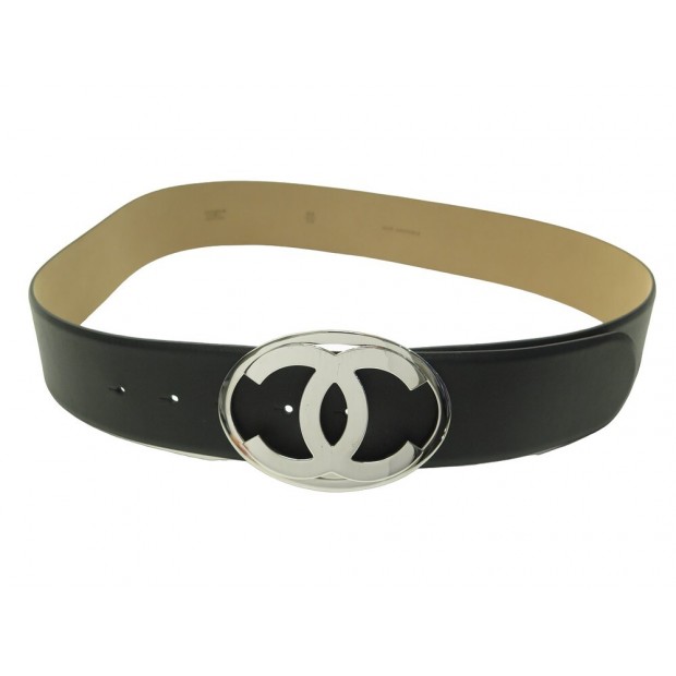 CEINTURE CHANEL BOUCLE LOGO CC 90 CM EN CUIR NOIR & METAL ARGENTE LEATHER BELT