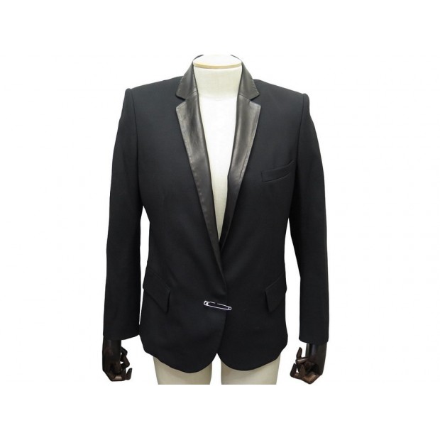 VESTE BALMAIN BOUTONNAGE EPINGLE A NOURRICE 40 L EN LAINE MOHAIR COL CUIR 1990€