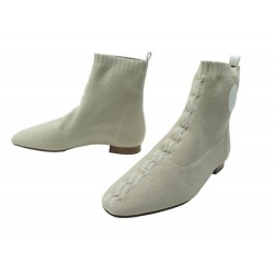 NEUF CHAUSSURES HERMES BOTTINES VOLVER 38 TISSU BLANC + POCHON FABRIC BOOTS 820€