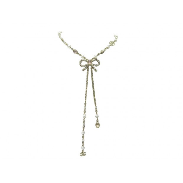 COLLIER CHANEL NOEUD A STRASS ET PERLES PIERRES 38 46CM PEARL BOW NECKLACE 2400€