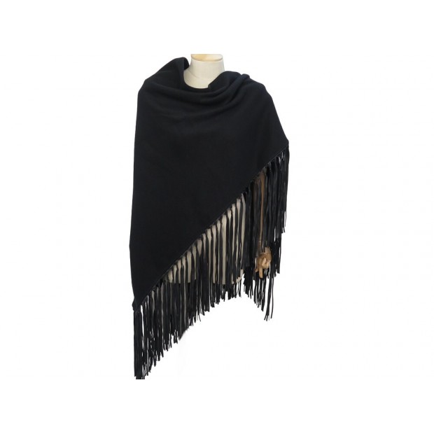 NEUF ETOLE HERMES TRIANGLE A FRANGES EN CUIR CACHEMIRE & LAINE NOIR CHALE 3600€