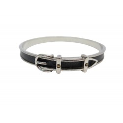 BRACELET HERMES CEINTURE 21 METAL ARGENTE & CUIR NOIR GOLDEN BELT STRAP BANGLE