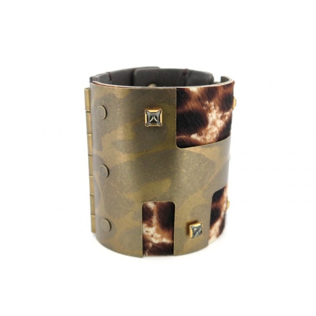 NEUF BRACELET LANVIN MANCHETTE EN POULAIN MARRON ET METAL + BOITE BANGLE 1360€