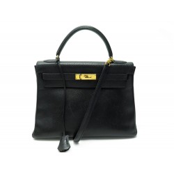 SAC A MAIN HERMES KELLY 32 RETOURNE EN CUIR TOGO NOIR BANDOULIERE PURSE HAND BAG