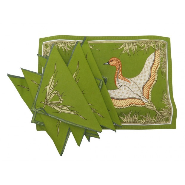 LOT HERMES 8 SERVIETTES + 8 SETS DE TABLE MOTIF CANARDS COTON VERT GREEN NAPKINS