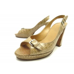 CHAUSSURES HERMES 39.5 SANDALES EN CUIR CROCODILE CAMEL BOUCLE BOITE SHOES 3685€