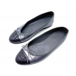 CHAUSSURES CHANEL BALLERINES LOGO CC G02819 38 CUIR GRIS GREY LEATHER SHOES 790€