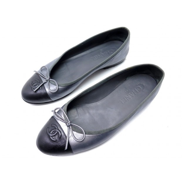 CHAUSSURES CHANEL BALLERINES LOGO CC G02819 38 CUIR GRIS GREY LEATHER SHOES 790€