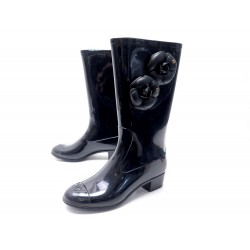 CHAUSSURES CHANEL BOTTES DE PLUIE CAMELIA 37 CAOUTCHOUC NOIR RAIN BOOTS 1150€