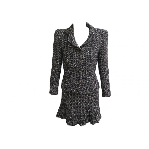 NEUF VINTAGE ENSEMBLE CHANEL TAILLEUR VESTE JUPE P09701 XS 34 LAINE NOIRE 9700€