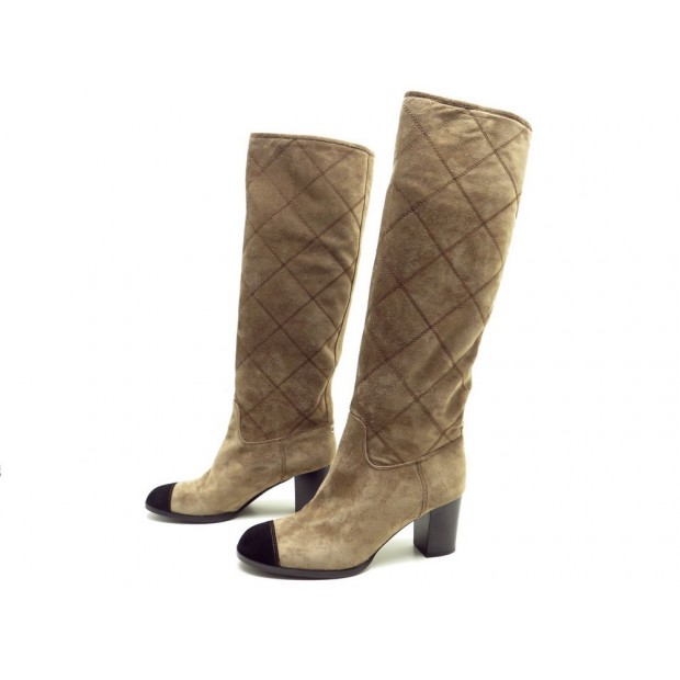 NEUF CHAUSSURES CHANEL G28056 42 BOTTES VEAU VELOURS BEIGE MATELASSE BOOTS 1250€