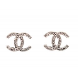 NEUF BOUCLES D'OREILLES CHANEL LOGO CC & STRASS METAL EFFET VIEILLI EARRING 650€