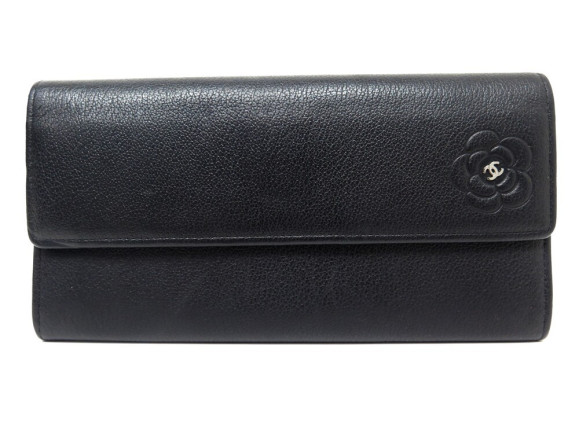 portefeuille chanel camelia logo cc cuir graine noir