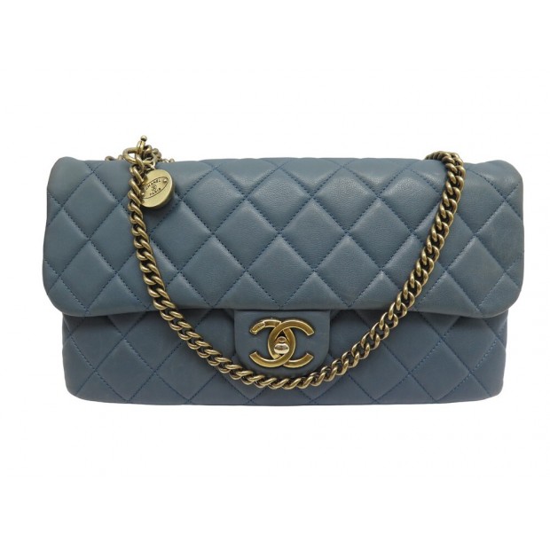 SAC A MAIN CHANEL TIMELESS 2 SOUFFLETS CUIR BLEU BANDOULIERE HANDBAG 6500€