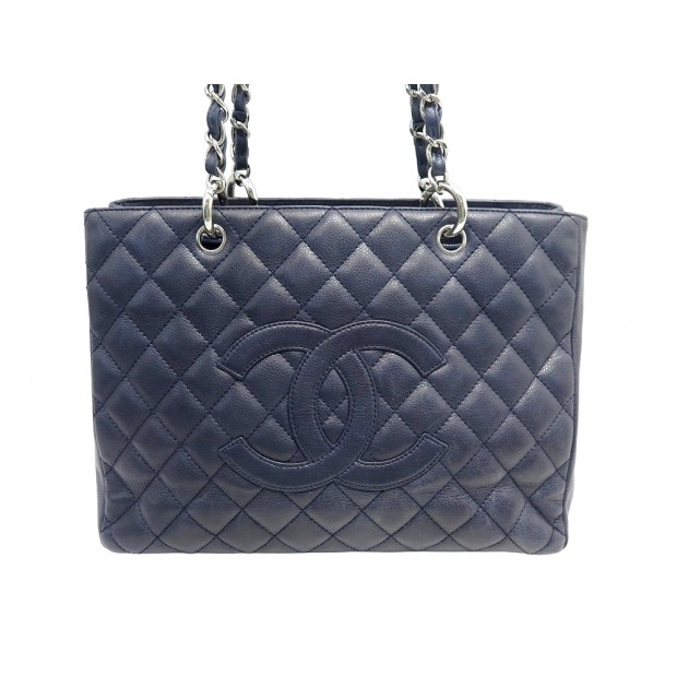 SAC A MAIN CHANEL SHOPPING LOGO CC CUIR CAVIAR BLEU MARINE HAND BAG PURSE 6000€