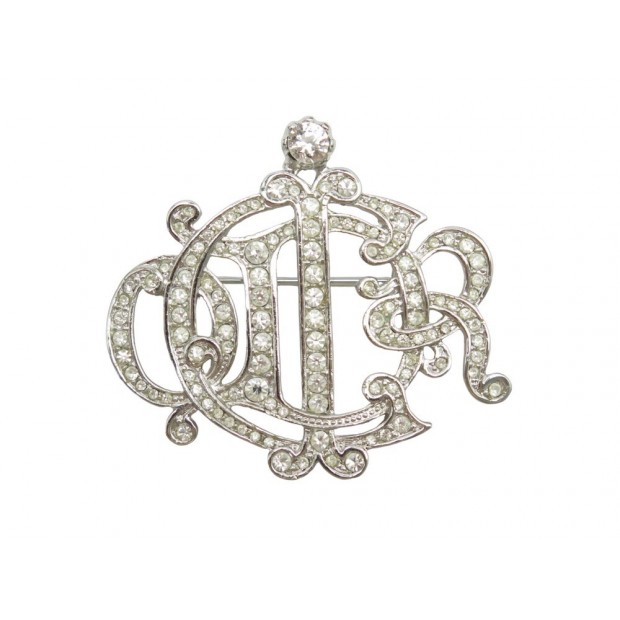 NEUF BROCHE DIOR LOGO & STRASS METAL ARGENTE STEEL SILVERED BROOCH 450€