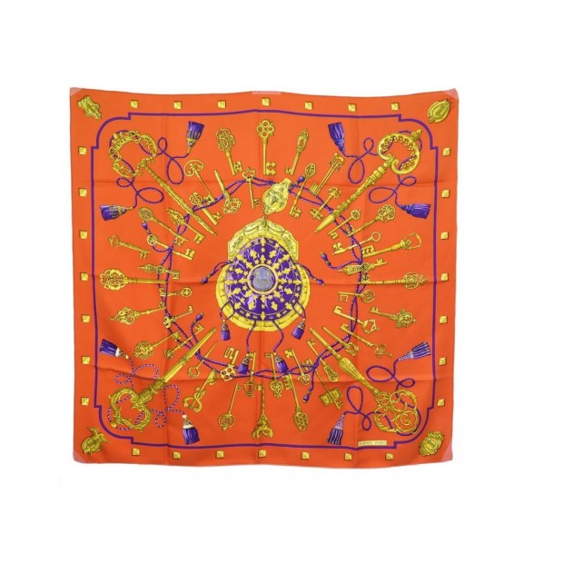 FOULARD HERMES LES CLES CATHY LATHAM CARRE EN SOIE ORANGE & VIOLET SCARF 350€