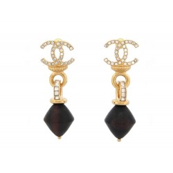 NEUF BOUCLES D'OREILLES CHANEL LOGO CC PENDANTE ET STRASS GOLDEN EARRINGS 1160€