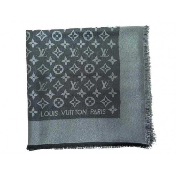 NEUF CHALE LOUIS VUITTON MONOGRAM SHINE M75123 SOIE LAINE NOIR GRIS SHAWL 550€