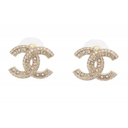 NEUF BOUCLES D'OREILLES CHANEL LOGO CC & STRASS A86504 NEW GOLD EARRINGS 650€