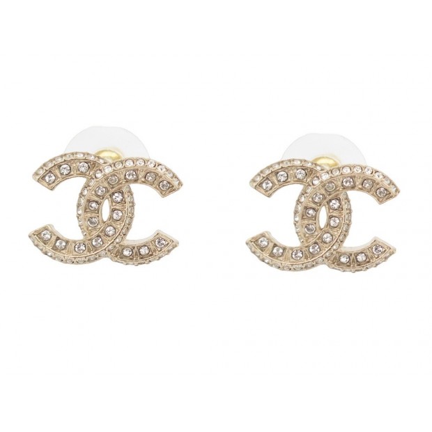 NEUF BOUCLES D'OREILLES CHANEL LOGO CC & STRASS A86504 NEW GOLD EARRINGS 650€