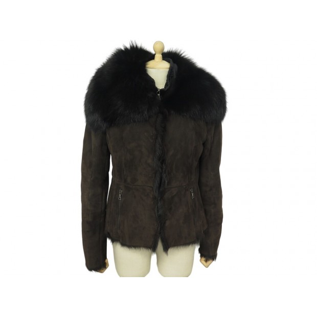 BLOUSON PRADA 148296 COL EN FOURRURE DE RENARD & CUIR DAIM 44 IT 40 FR M COAT