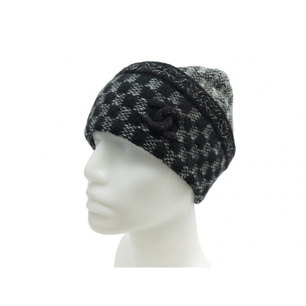 NEUF BONNET CHANEL DAMIER LOGO CC 52 BICOLORE CAHCEMIRE CASHMERE CAP 750€