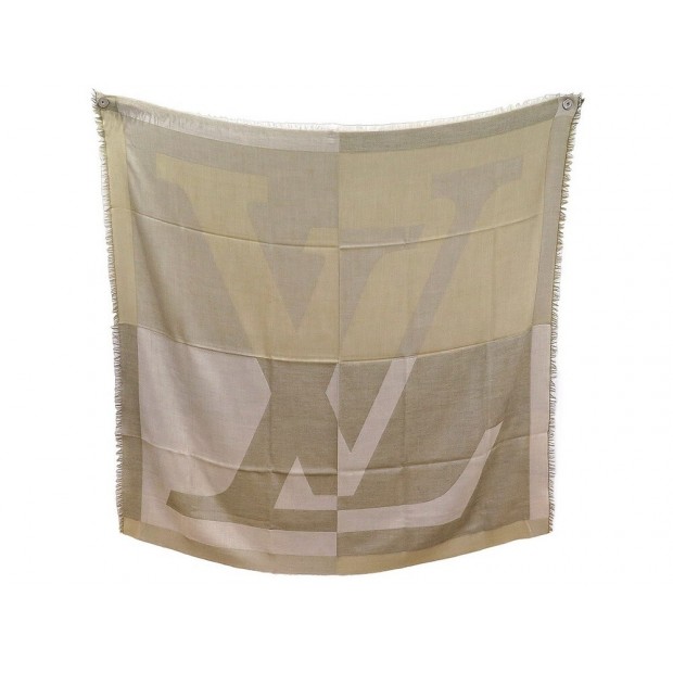 NEUF CHALE LOUIS VUITTON LOGO INITIALES LV 140CM CACHEMIRE SOIE BEIGE SHAWL 650€