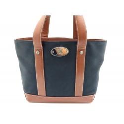 VINTAGE SAC A MAIN CELINE CABAS 23 CM EN TOILE & CUIR BLEU CANVAS HAND BAG PURSE
