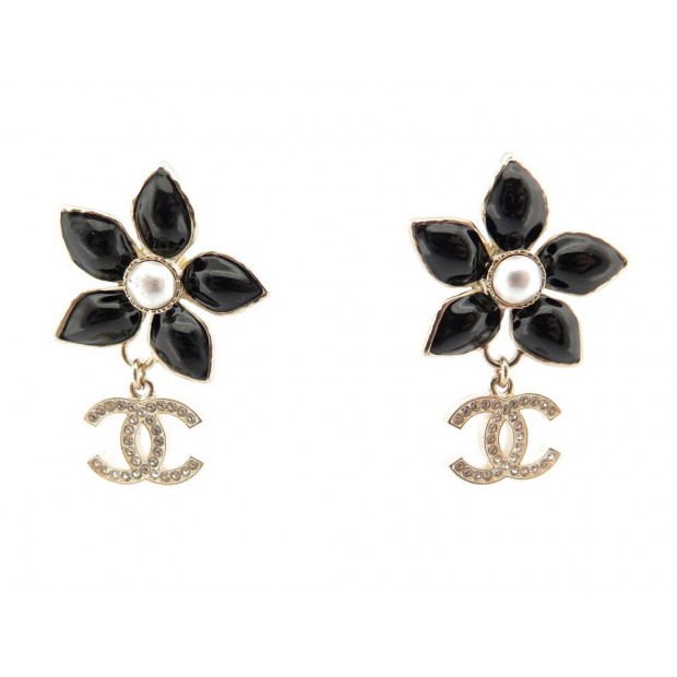 NEUF BOUCLES D'OREILLES CHANEL FLEUR ET LOGO CC METAL DORE GOLDEN EARRINGS 890€