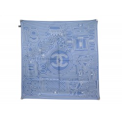 NEUF FOULARD CHANEL LOGO CC CARRE 90 EN SOIE BLEU + BOITE BLUE SILK SCARF 490€