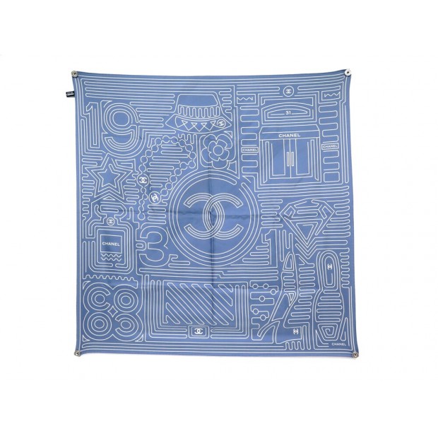 NEUF FOULARD CHANEL LOGO CC CARRE 90 EN SOIE BLEU + BOITE BLUE SILK SCARF 490€