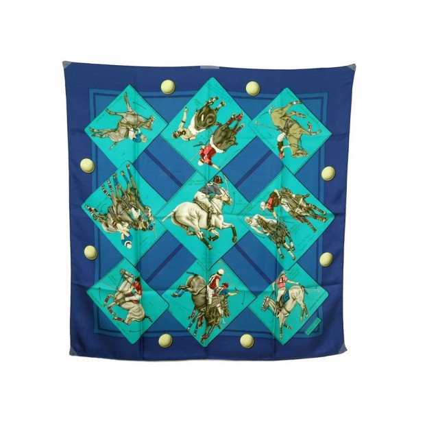 FOULARD HERMES LE MONDE DU POLO DE CRISSEY CARRE EN SOIE BLEU SILK SCARF 350€
