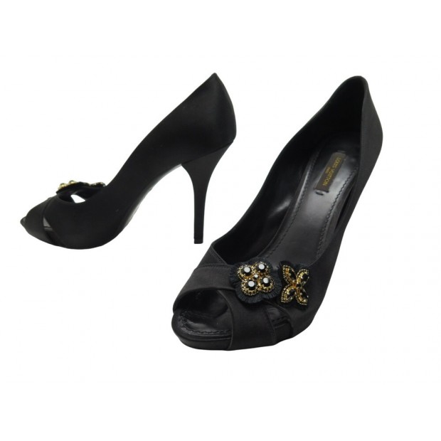 CHAUSSURES LOUIS VUITTON ATHEN ESCARPINS 37.5 EN SATIN NOIR OPEN TOE SHOES 860€