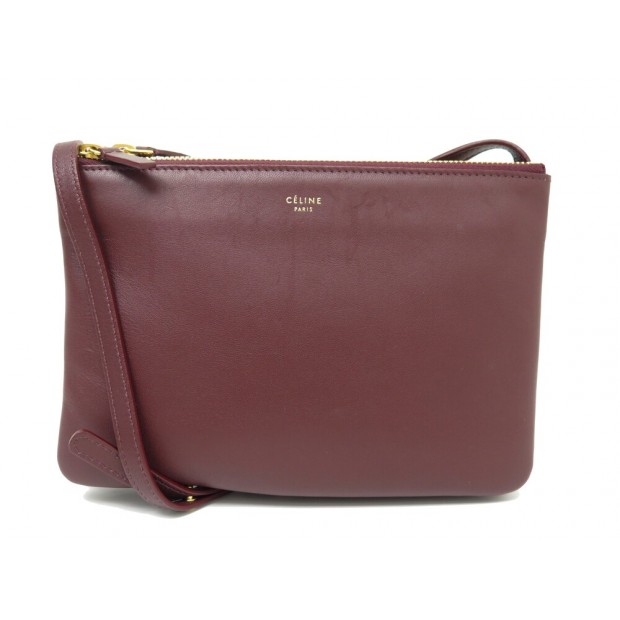 SAC A MAIN CELINE POCHETTE TRIO CUIR BORDEAUX BANDOULIERE POUCH HAND BAG 1200€