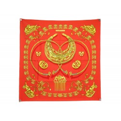 NEUF FOULARD HERMES LES CAVALIERS D'OR CARRE 90 SOIE ORANGE + BOITE SCARF 495€